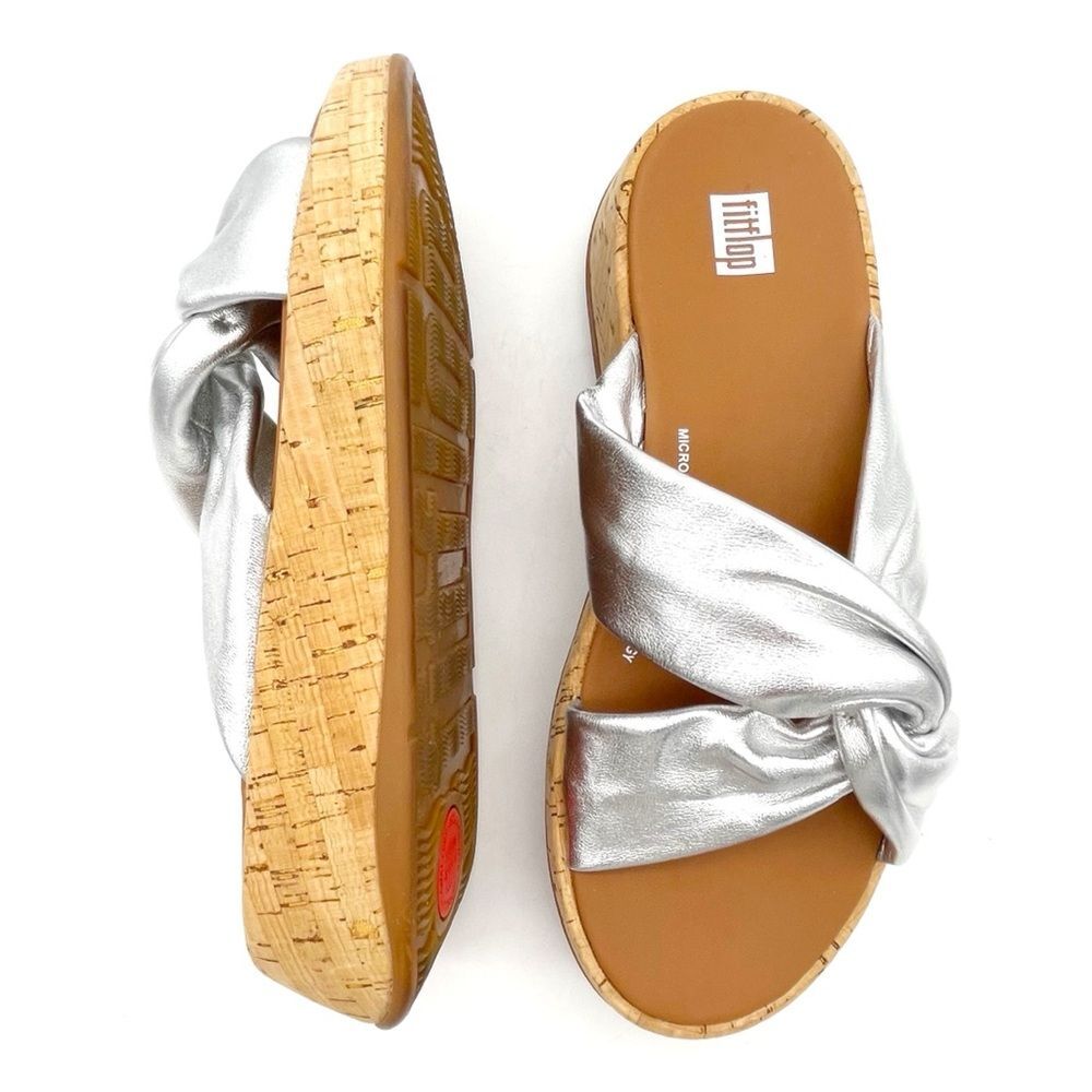 FitFlop F-Mode Leather Twist Flatform Slides Silver Cork Summer Sandal US Size 8